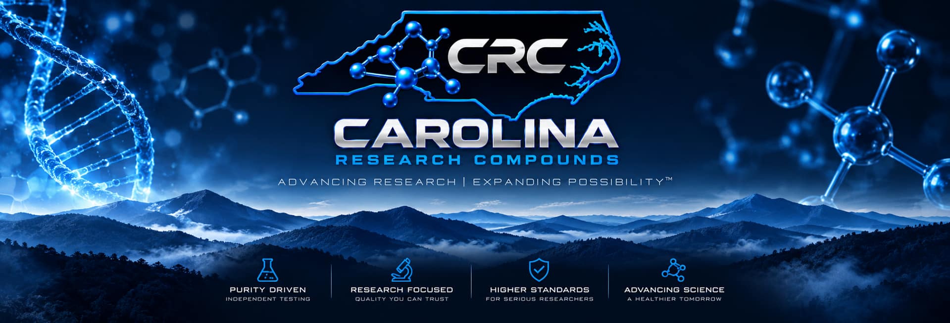 Carolina Research Compounds: North Carolina mountain landscape, electric-blue DNA and molecular imagery, and the CRC logo. Research today, a healthier tomorrow.
